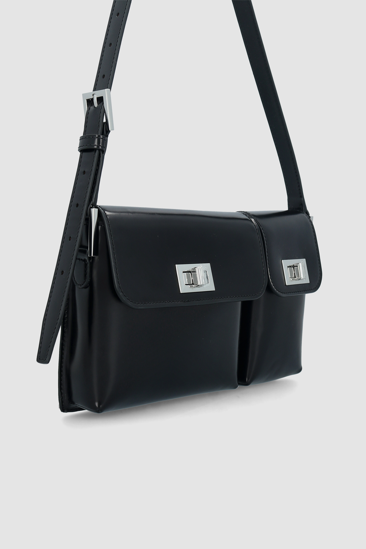 Billy Black Semi Patent Leather Shoulder Bag