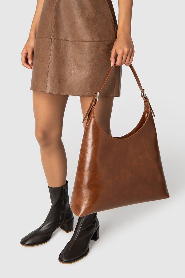Camryn Tan Distressed Leather Shoulder Bag