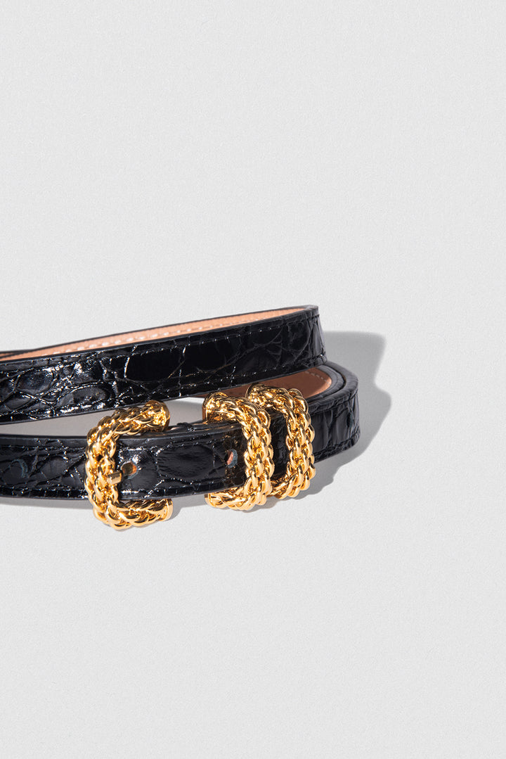 Kat Black Circular Croco Embossed Leather Belt