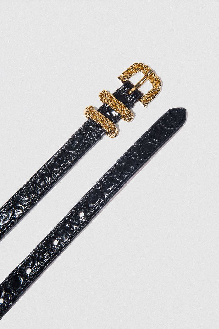 Kat Black Circular Croco Embossed Leather Belt