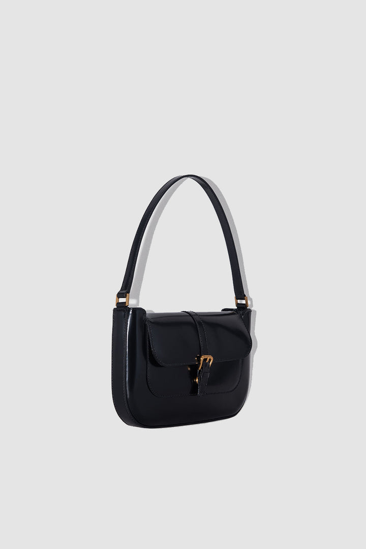 Miranda Black Semi Patent Leather Shoulder Bag