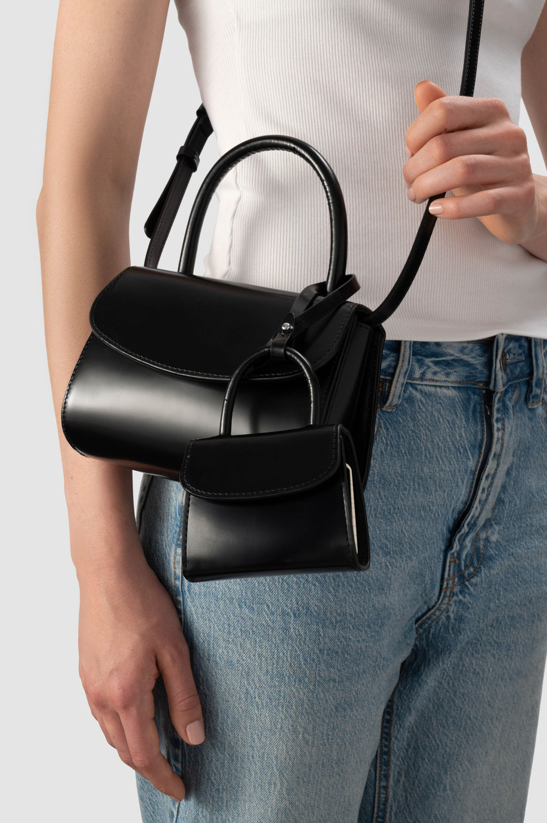 Mini 2.0 Black Semi Patent Leather Top-Handle Bag