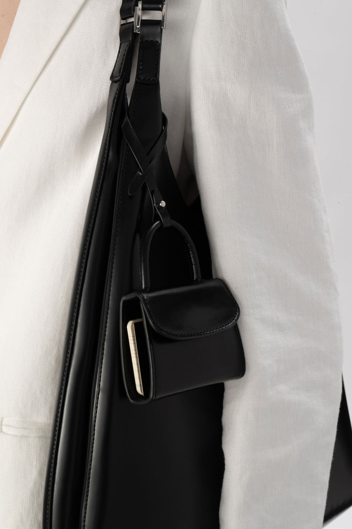 Amber Folio Black Semi Patent Leather Shoulder Bag