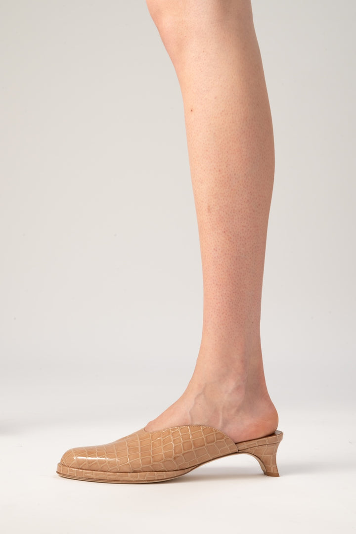 Babylady Light Tan Croco Embossed Leather Slip-On Mule