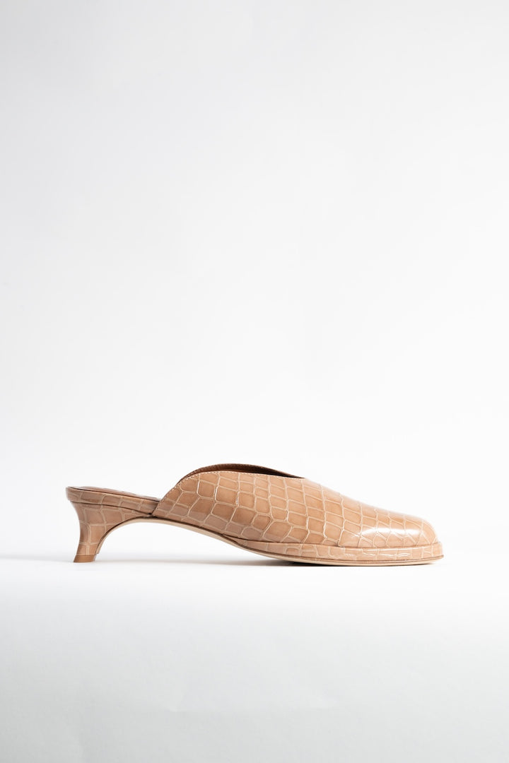 Babylady Light Tan Croco Embossed Leather Slip-On Mule