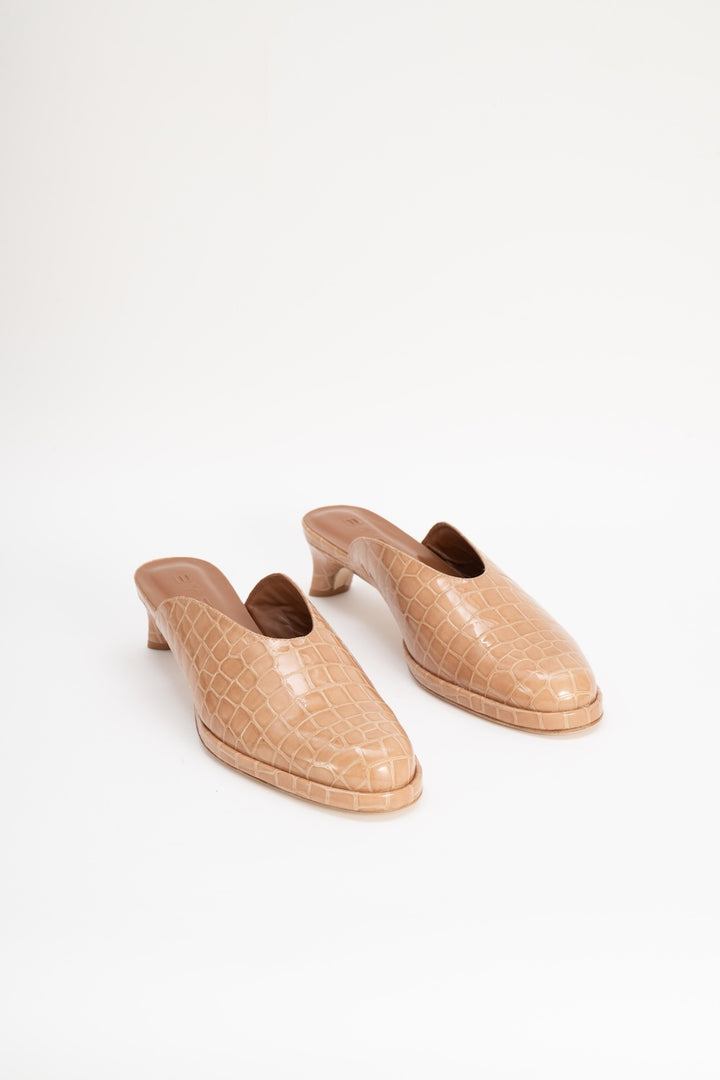 Babylady Light Tan Croco Embossed Leather Slip-On Mule