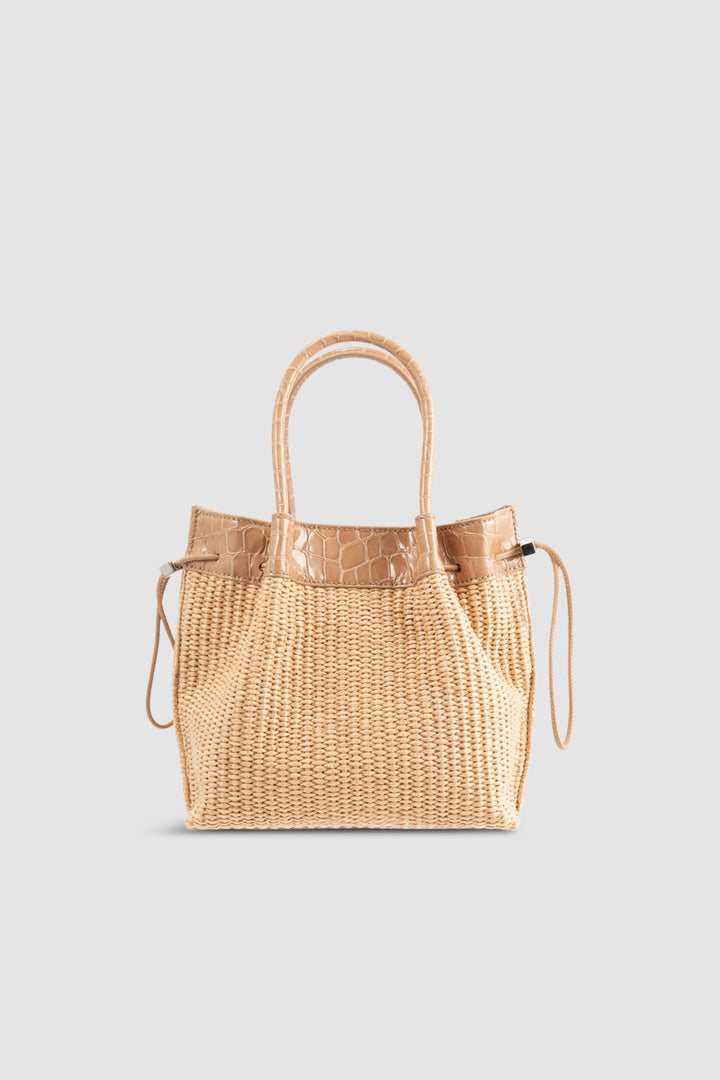 Baby Kayla Natural Raffia and Croco Embossed Leather Top-Handle Bag