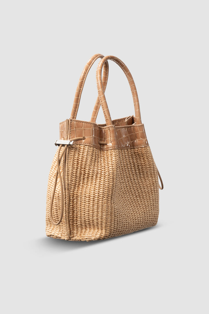 Baby Kayla Natural Raffia and Croco Embossed Leather Top-Handle Bag
