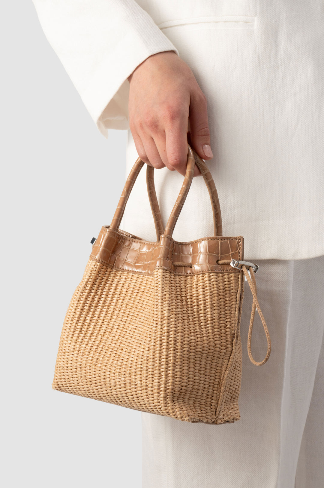 Baby Kayla Natural Raffia and Croco Embossed Leather Top-Handle Bag