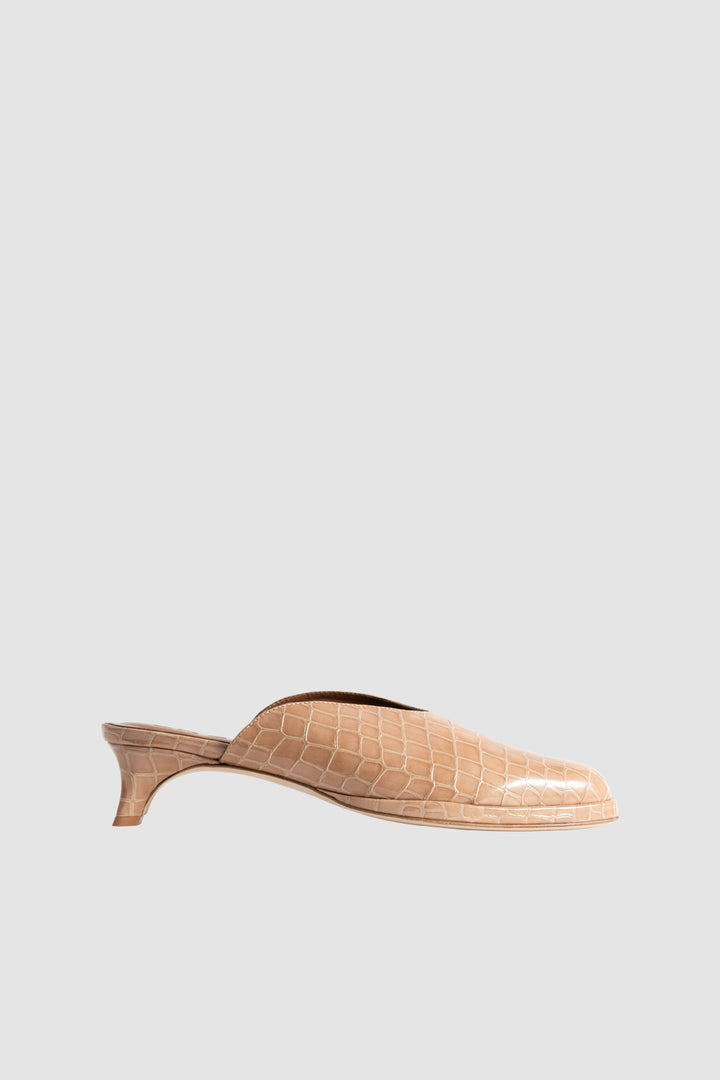 Babylady Light Tan Croco Embossed Leather Slip-On Mule