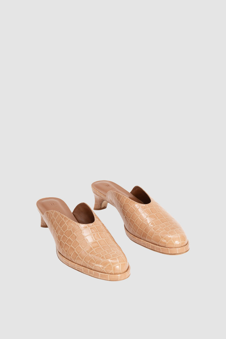 Babylady Light Tan Croco Embossed Leather Slip-On Mule