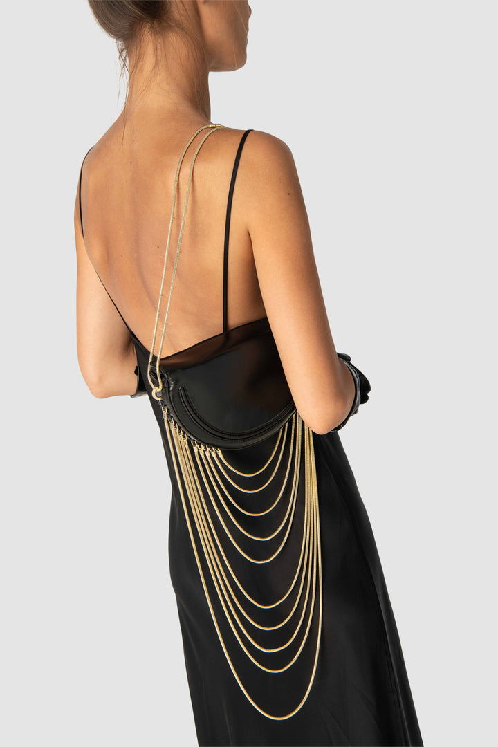 Chime Black Glossy Textured Leather Shoulder Bag