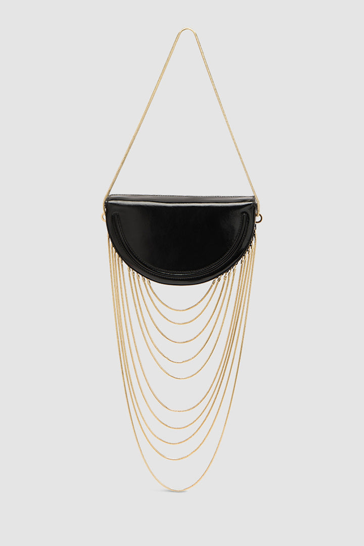 Chime Black Glossy Textured Leather Shoulder Bag