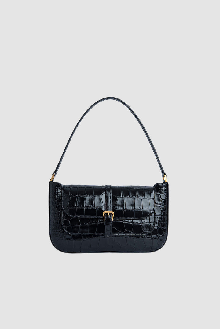 Miranda Black Croco Embossed Leather Shoulder Bag