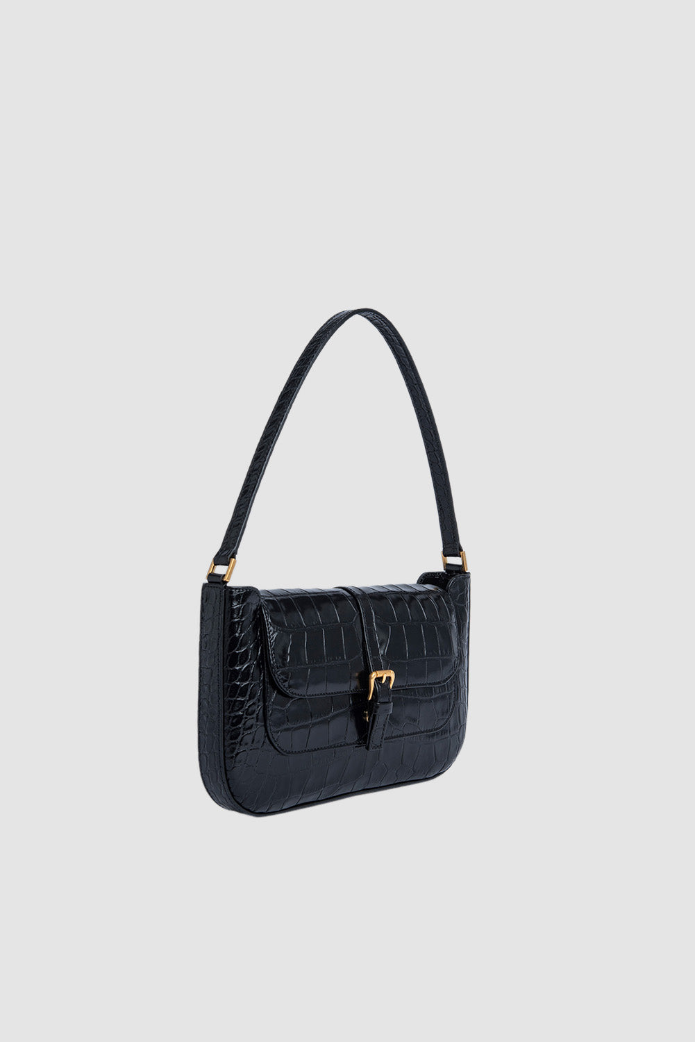 Miranda Black Croco Embossed Leather Shoulder Bag