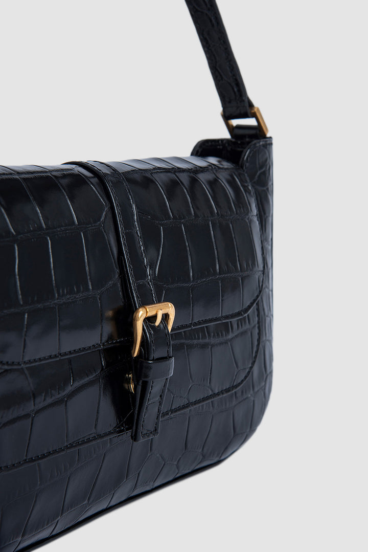 Miranda Black Croco Embossed Leather Shoulder Bag