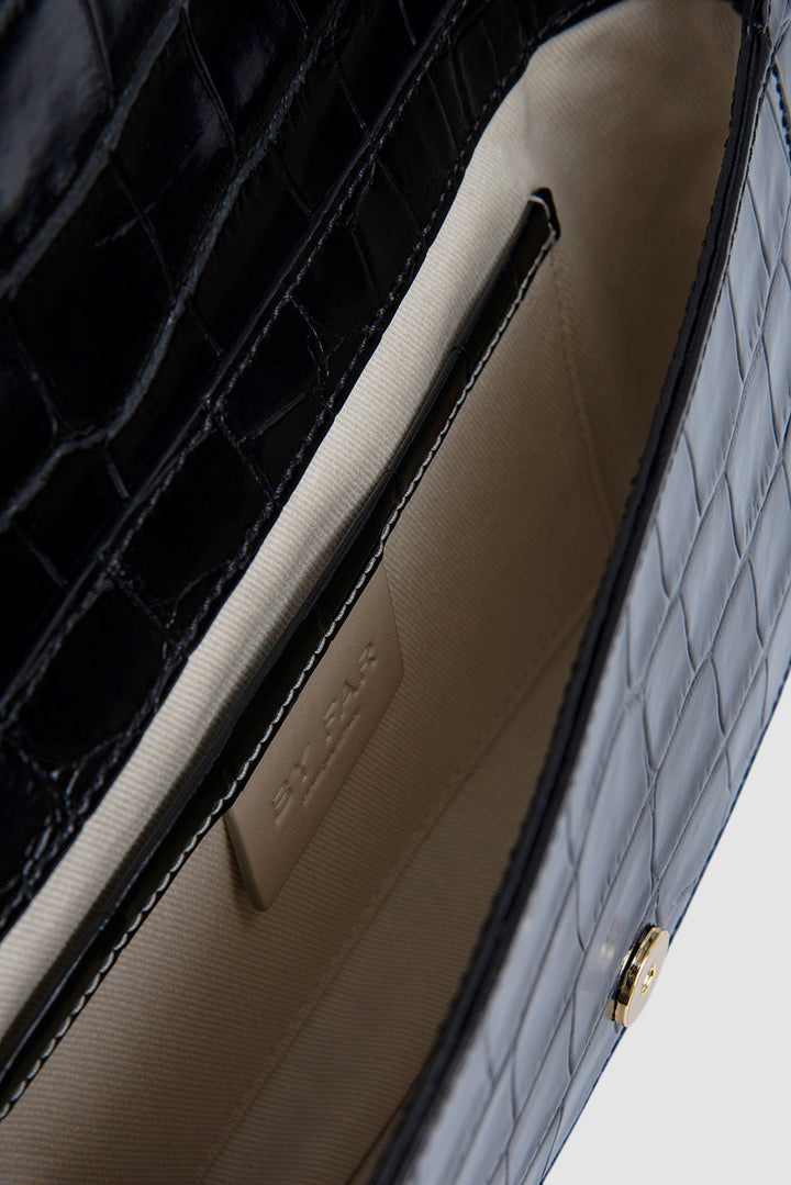 Miranda Black Croco Embossed Leather Shoulder Bag