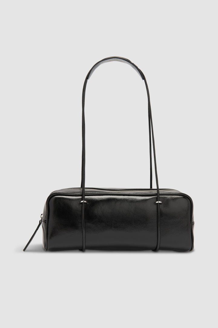 Kimberly Black Glossy Textured Leather Shoulder Bag