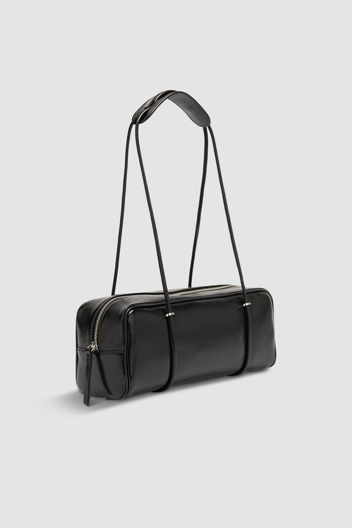 Kimberly Black Glossy Textured Leather Shoulder Bag