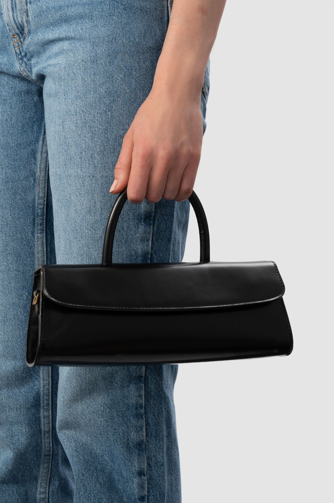 Mini Longa Black Semi Patent Leather Top-Handle Bag