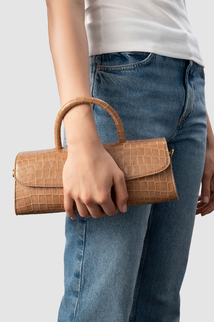Mini Longa Light Tan Croco Embossed Leather Top-Handle Bag