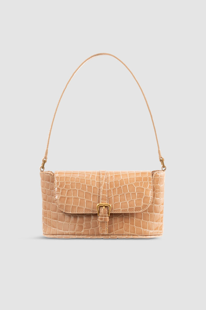 Miranda Baguette Light Tan Croco Embossed Leather Shoulder Bag
