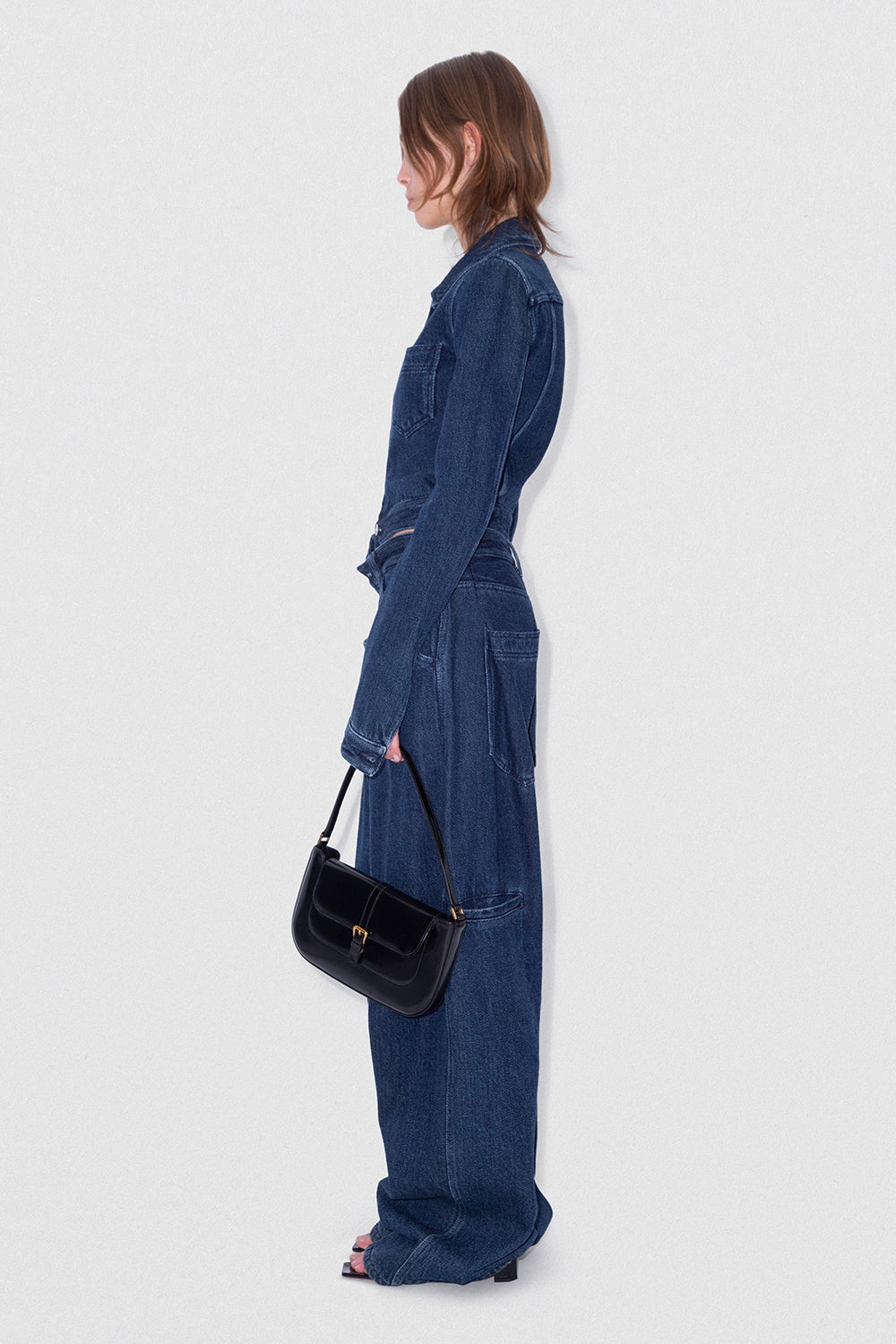 Miranda Black Semi Patent Leather Shoulder Bag