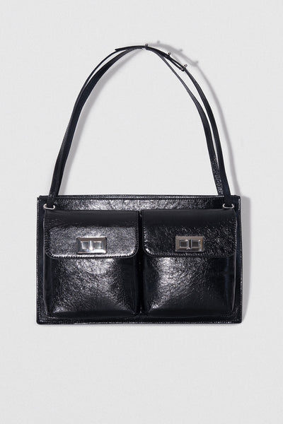 billy bag london leather backpack BY FAR Billy Tote Black Creased Leather Shoulder Bag