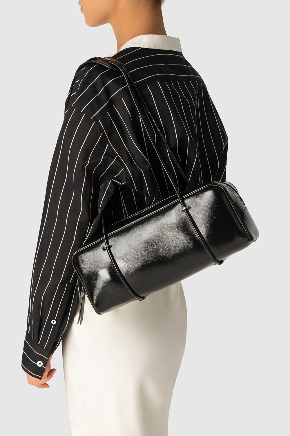 Kimberly Black Glossy Textured Leather Shoulder Bag